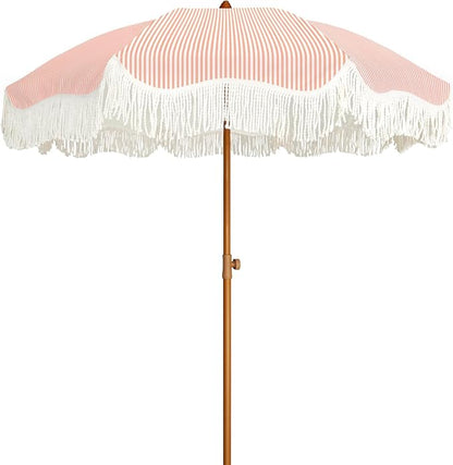 AMMSUN Boho Fringe Umbrella Outdoor Patio, 6.5ft UPF50+ Picnic Umbrella with Tassels with Steel Pole and Push Button Tilt, Pink Stripe