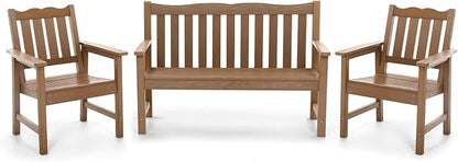 Stoog Oversized All-Weather Garden Bench & Chairs Set, 3-Piece Patio Furniture Set, Include 2 Chairs and 1 Garden Bench, for Porch, Backyard, Lawn, Pool and Deck, Teak