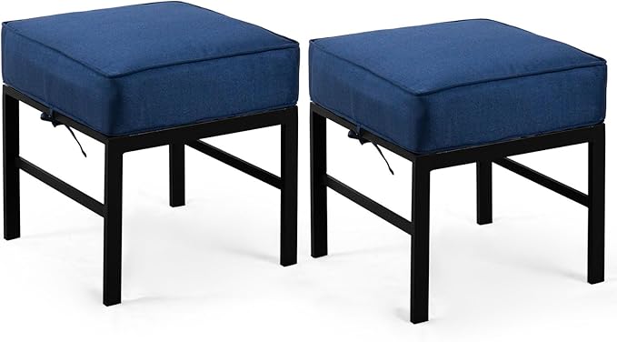2 Pieces Outdoor Patio Ottomans, Assembled Aluminum Outdoor Ottoman with Blue Cushions, Aluminum Small Outdoor Foot Stools for Patio Porch Yard Garden Deck, Black Frame