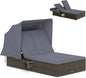 RELAX4LIFE Outdoor Rattan Daybed w/Canopy - Wicker Double Chaise Lounge w/6-Position Backrest, Folding Side Trays & Cushion, 2-Seater Loveseat Sunbed for Backyard, Patio Rattan Bed Lounger (Gray)
