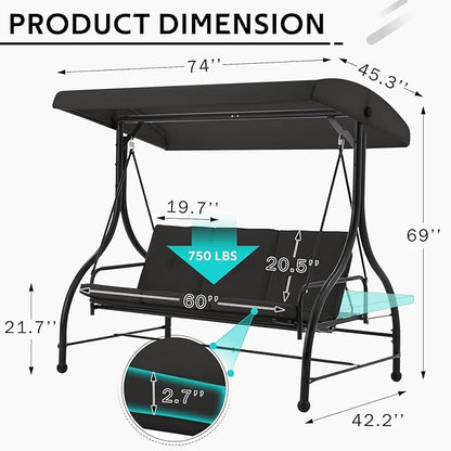 U-MAX Porch Swing with Cover, Patio Swing with Adjustable Backrest&Canopy 3 Seat Outdoor Swing with Canopy 2-in-1 Convertible Patio Daybed with Removable Black Cushions