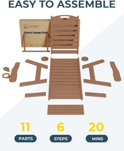 Outdoor Chaise Lounge Chair Set of 2, Patio Lounge Chairs for Outside, HDPE Lounge Chair with Wheels & Cup Holder, Poly Chair with 5 Position for Poolside, Deck, Brown
