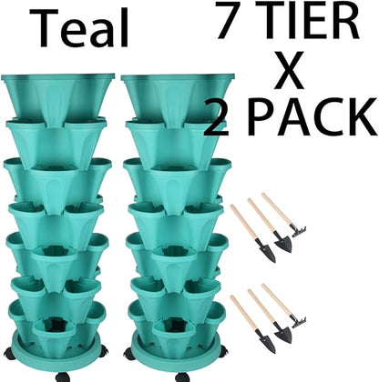 GameXcel Vertical Planter 7 Tier Stackable Planters Garden Planters Strawberry Herb Flower and Vegetable Planter Indoor Outdoor Gardening Pots with Removable Wheels and Tools-Teal 2 Pack