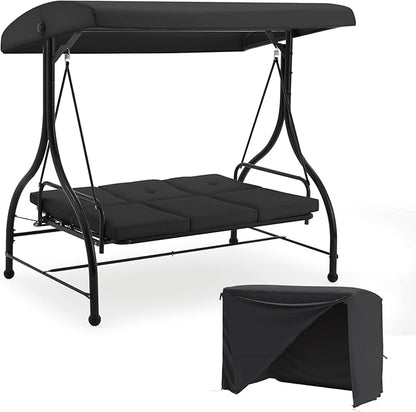 U-MAX Porch Swing with Cover, Patio Swing with Adjustable Backrest&Canopy 3 Seat Outdoor Swing with Canopy 2-in-1 Convertible Patio Daybed with Removable Black Cushions
