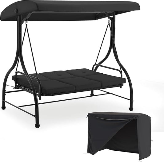 U-MAX Porch Swing with Cover, Patio Swing with Adjustable Backrest&Canopy 3 Seat Outdoor Swing with Canopy 2-in-1 Convertible Patio Daybed with Removable Black Cushions