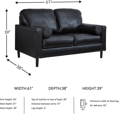 Signature Design by Ashley Bryceview Mid-Century Leather Match Tufted Loveseat with 2 Bolster Pillows, Black