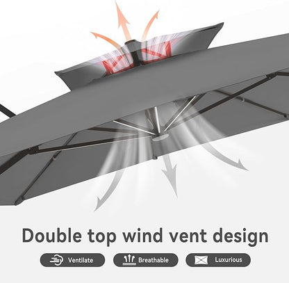 10 X 13 FT Cantilever Outdoor Patio Umbrella with Base Included Large Heavy Duty 360° Rotation Double Top Offset Rectangular Umbrellas with Led Lights for Backyard Outside Deck,Grey