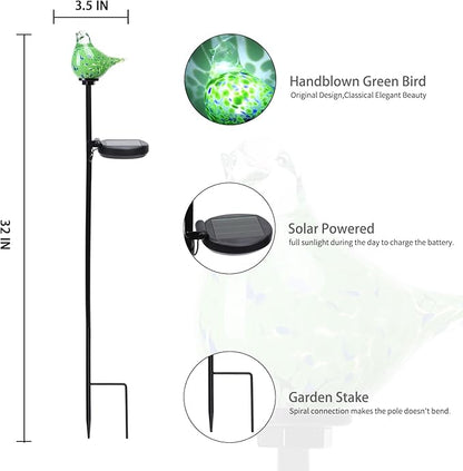 Bshine Solar Garden Decoration Outdoor Green Bird Lights, 2 Pack Hand Blown Glass Bird Waterproof Solar Light Stake Hummingbird Decorate Paths, Pathways, Lawns and Yards Art for Mom