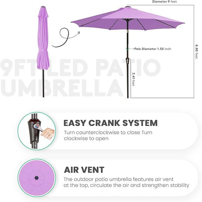 JEAREY 9FT Outdoor Patio Umbrella with Solar Lights, LED Lighted Pool Umbrella with Tilt and Crank, Outdoor Table Umbrellas for Deck, Yard & Market (Taro Purple)