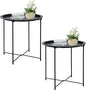 Garden 4 you End Table 2 PCS Metal Side Table Black Round Folding Tray Cyan Sofa Small Accent Fold-able Table, Round End Table Tray, Next to Sofa Table, Snack Table for Living Room and Bed Room