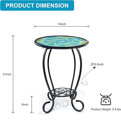 LIFFY Mosaic Outdoor Side Table, 14" Round Flower Patio Side Table, Mosaic Plant Stand, End Table W/Storage Shelf, Small Bistro Coffee Table for Garden Yard Porch Living Room