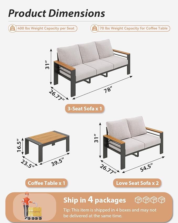 Aoxun Aluminum Outdoor Patio Furniture Set, 7 Seats Outdoor Sectional with Coffee Table, Patio Conversation Sets with Upgraded Armrests and Cushions for Backyard, Garden and Poolside（Grey）
