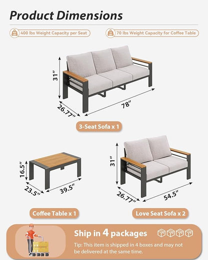Aoxun Aluminum Outdoor Patio Furniture Set, 7 Seats Outdoor Sectional with Coffee Table, Patio Conversation Sets with Upgraded Armrests and Cushions for Backyard, Garden and Poolside（Grey）