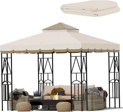 10x10 Canopy Replacement Top Double Tiered Gazebo Cover for Yard, Patio & Garden Durable Sunshade Replacement (BeigeBrown with lace)