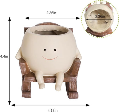 Smily Face Planter Pot Cute Resin Flower Head Planters for Indoor Outdoor Unique Sit Rocking Chair Succulent Pots Gift IdeaI for Mother and Appreciation Christmas with Drainage Hole