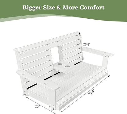 Poly Lumber 3-Seat Porch Swing, HIPS 5-Feet Bench Swing with Foldable Cup Holders,18/8 Stainless Steel Hardware, High Backrest and Deep Contoured Seat, Snow White