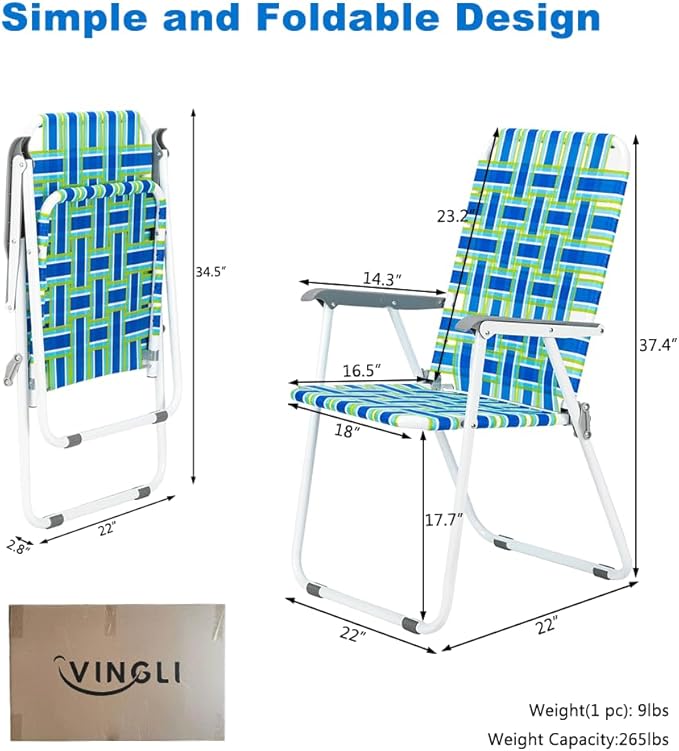 Folding Lawn Chairs, Set of 2, Blue Webbed Design with Metal Frame