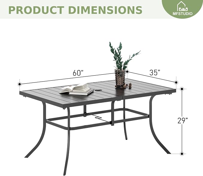 Dining Table for 6, Black Steel Rectangle with Umbrella Hole