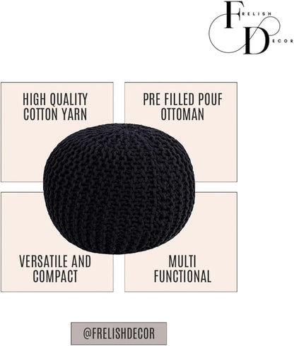 FRELISH DECOR Round Pouf Ottoman Hand Knitted 100% Cotton Pouf Foot Stool - Knitted Bean Bag - Floor Chair for Living Room Bedroom - Foot Rest for Couch (20 Diameter x 14 Height) - Black