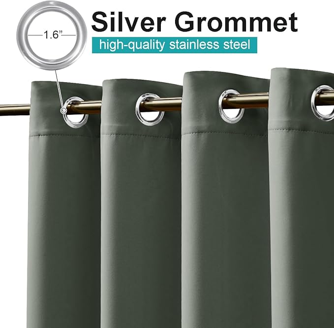 NICETOWN 2 Panels Greyish Green Outdoor Curtains for Patio Waterproof Set of 2, Rustproof Grommet Blackout Indoor Outdoor Drapes Thermal Window Treatments for Pergola/Porch, W52 x L84