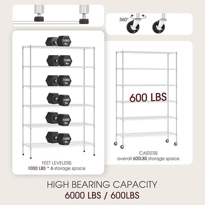 BestOffice NSF Wire Shelving Unit 6Shelf Large Storage Shelves Heavy Duty Metal Wire Rack Shelving Height Adjustable Commercial Grade Utility Steel Storage Rack Casters 6000LB Capacity-18x48x77,Chrome