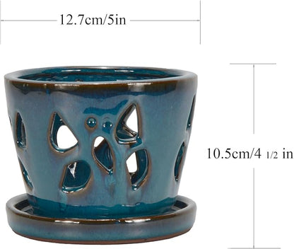 W&W Orchid Pot with Holes and Saucer for Repotting, Teal, 5 Inch
