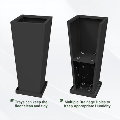 Tall Outdoor Planters Set of 2, 26 inch Tall Planters for Outdoor and Indoor, Metal Tapered Pots with Drainage Holes & Insert Shelves & Trays for Porch, Garden, Patio, Yard
