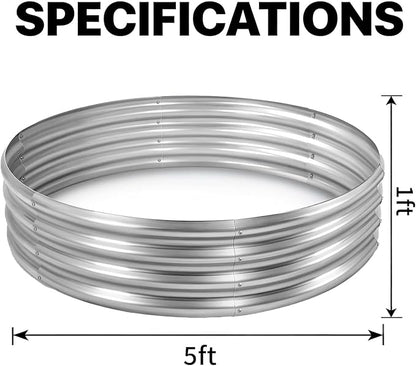 Round Galvanized Raised Garden Bed Kit, Round Galvanized Planter for Vegetables/Herbs/Flowers Heavy-Duty Steel Outdoor Water Trough (Silver, 5X5X1FT)