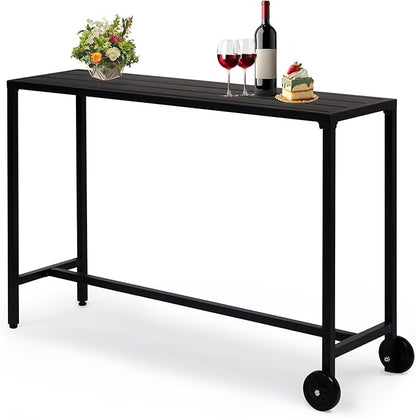 Outvita Outdoor Bar Table, 37" Height Wheeled Patio Pub Table with Waterproof Frame and Adjustable Foot for Hot Tub, Patio, Backyard, Balcony, Hallway, Bistro Rectangle, Black