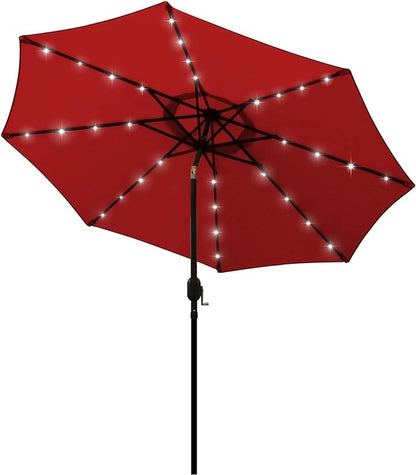 Blissun 9 ft Solar Umbrella, 32 LED Lighted Patio Umbrella, Table Market Umbrella, Outdoor Umbrella for Garden, Deck, Backyard, Pool and Beach (Red)