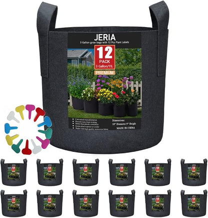JERIA 12-Pack 3 Gallon Grow Bags, 300G Thickened Nonwoven Garden Pots,Heavy Duty Fabric Pots with Reinforced Handles