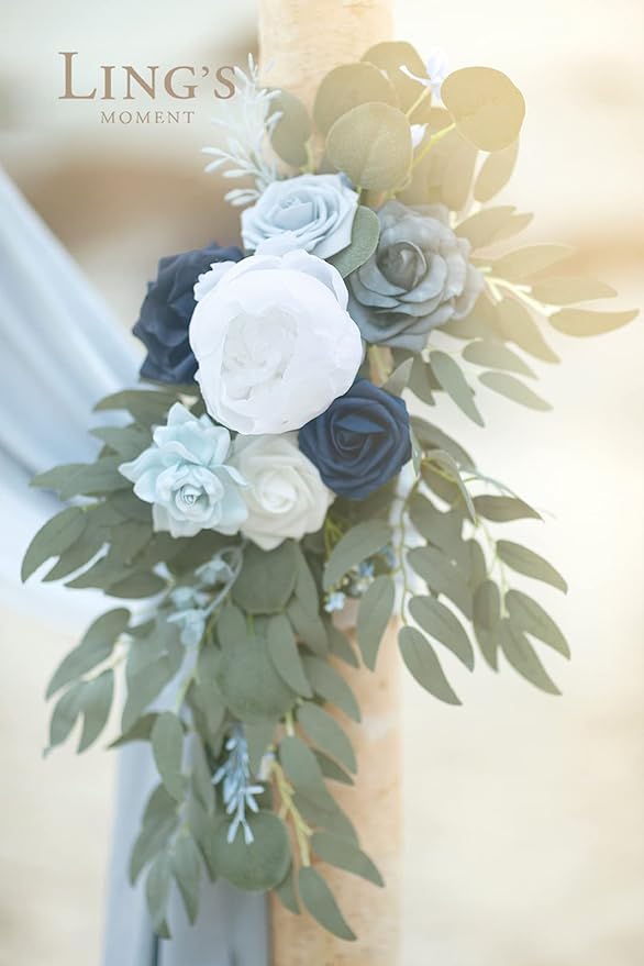 Artificial Flowers Set, Dusty Blue Sheer Drapes and Swag, 4 Pieces