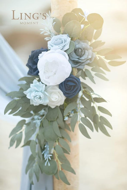 Artificial Flowers Set, Dusty Blue Sheer Drapes and Swag, 4 Pieces