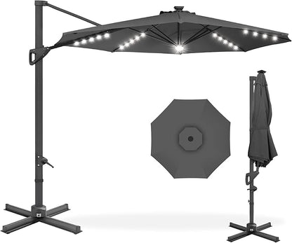 Best Choice Products 10ft Solar LED Cantilever Patio Umbrella, 360-Degree Rotation Hanging Offset Market Outdoor Sun Shade for Backyard, Deck, Poolside w/Lights, Easy Tilt, Cross Base