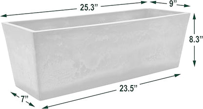 Arcadia Garden Products U65TP Plastic/Stone/Wood Composite Simplicity Window Box, No Drainage Hole (Drillable), Wide Tapered Planter, Patio Plant Container, Indoor Outdoor Planter, 25.5" x 9, Taupe