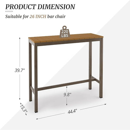 Outdoor Bar Table, 45" Patio Bar Height Counter Console Table, Waterproof HDPS Slatted Top, Weather Resistant, Hot Tub, Balcony, Yard, Indoor or Outdoor Use, Teak