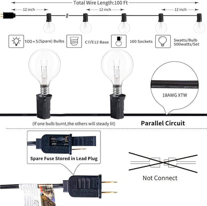 String Lights 100 Ft Outdoor Waterproof with 105 G40 Warm White Bulbs