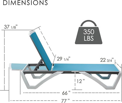 Kozyard Outdoor Chaise Lounge Chair, Full Flat Adjustable Patio Lounger with Aluminum Frame & Resin Legs, Textilene Fabric for Poolside, Backyard & Beach (Aqua/WhiteFrame, Chair Without Table)