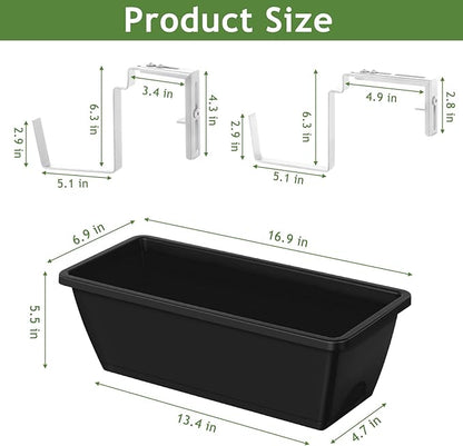ETELI Railing Planter 6 Pack, 16.9 Inch Window Basket Deck Boxes Plastic Flower Rail Planters Holder with Adjustable Detachable Hooks for Outdoor Balcony Porch Patio, Black & White
