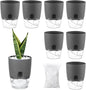 8 Pack Self Watering Pots for Indoor Plants, PlanterHoma 3.2 Inch Plant Pot Plastic Self Watering Planter for Orchid, African Violet, Mini Clear Flower Pots with Drainage Holes and Wicking Rope, Grey