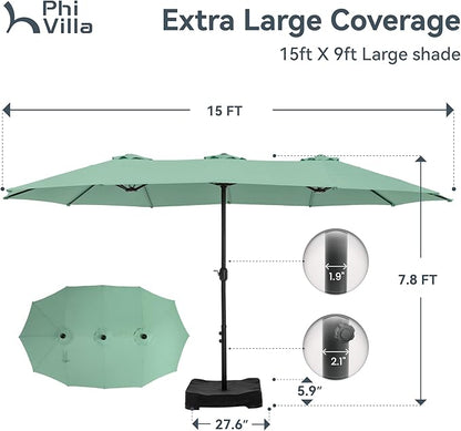 PHI VILLA 15ft Large Patio Umbrellas with Base, Outdoor Double-Sided Rectangle Market Umbrella for Pool Lawn Garden, Mint Green
