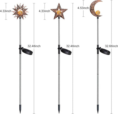 Solar Garden Stake Lights, Moon Sun Star Yard Decorations Outdoor 3 Pack Solar Garden Decor for Lawn, Pathway, Flower Bed, Memorial Garden, Patio Outdoor Gifts for Mom, Loved Ones