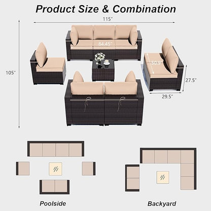 ALAULM Patio Furniture Set with Coffee Table, 9 Pieces Outdoor Sectional with Wide Seat and Thick Cushion, All Weather Wicker Rattan Conversation Set for Backyard, Garden, Deck, Sand