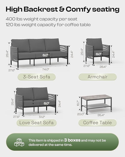 Aluminum Outdoor Patio Furniture Set with Dual-Layer Coffee Table, 4 Piece Modern Patio Conversation Sets with PE Rope, Outdoor Sectional Sofa with Thick Cushions for Balcony, Porch, Charcoal