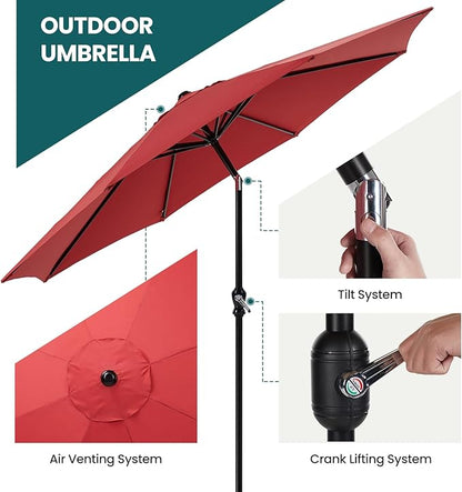 OLIXIS 9ft Patio Umbrella with Tilt and Crank Button & 8 Sturdy Ribs Waterproof, Patio Table Umbrella Perfect for Poolside, Terrace, Beach and Outdoor Restaurant, Red