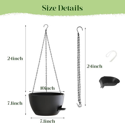 2 Pack 10 Inch Self Watering Hanging Planters for Indoor Plants, Large Black Plastic Hanging Pots with Chains for Outdoor Patio Garden Home Decor (Black)