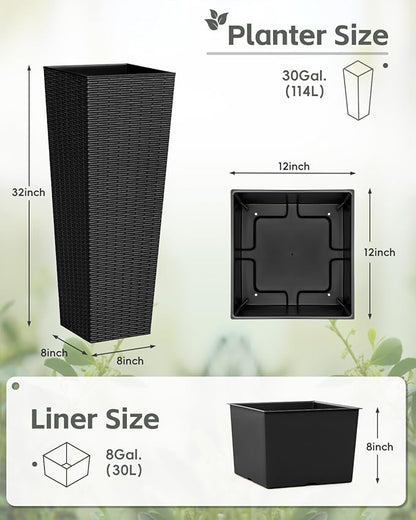 Greesum 32 Inch Tall Plastic Planters(Set of 2), Detachable Inner Pot & Drainage Holes, Outdoor Decorative Flower Pots for Large Plants, Trees, Patio, and Garden, Black