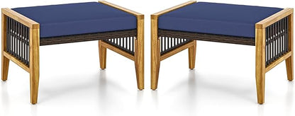 Tangkula Set of 2 Outdoor Ottomans, Patio Acacia Wood Ottomans with Cushions, Versatile Rattan Woven Footstools, Wicker Footrest Extra Seating for Backyard, Poolside, Porch