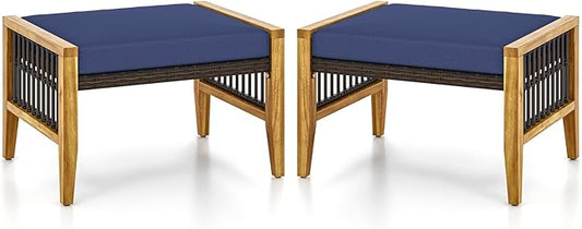 Tangkula Set of 2 Outdoor Ottomans, Patio Acacia Wood Ottomans with Cushions, Versatile Rattan Woven Footstools, Wicker Footrest Extra Seating for Backyard, Poolside, Porch
