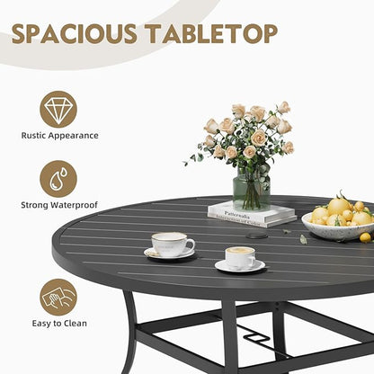 MELLCOM 53'' Round Outdoor Dining Table for 6, Metal Patio Dining Table with Umbrella Hole, All-Weather Black Table for Porch, Garden, Backyard, Poolside, Lawn